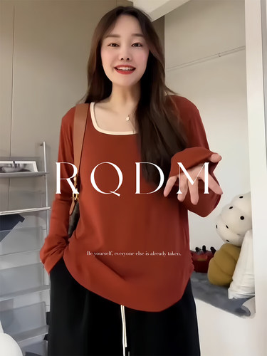 大码胖MM方领长袖正肩T恤上衣女