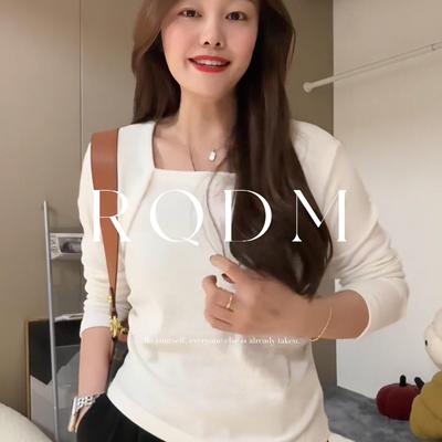 显瘦内搭方领正肩长袖T恤上衣女