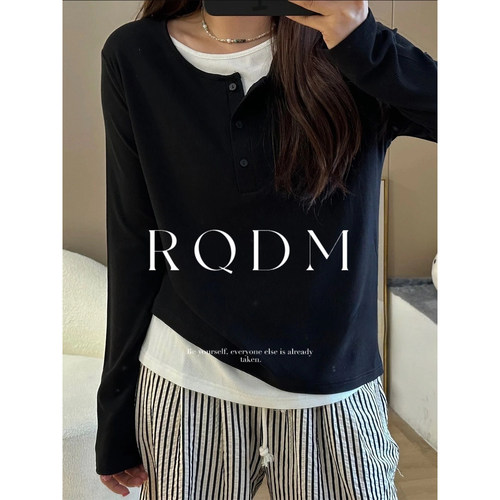 胖MM遮肉显瘦假两件长袖T恤上衣