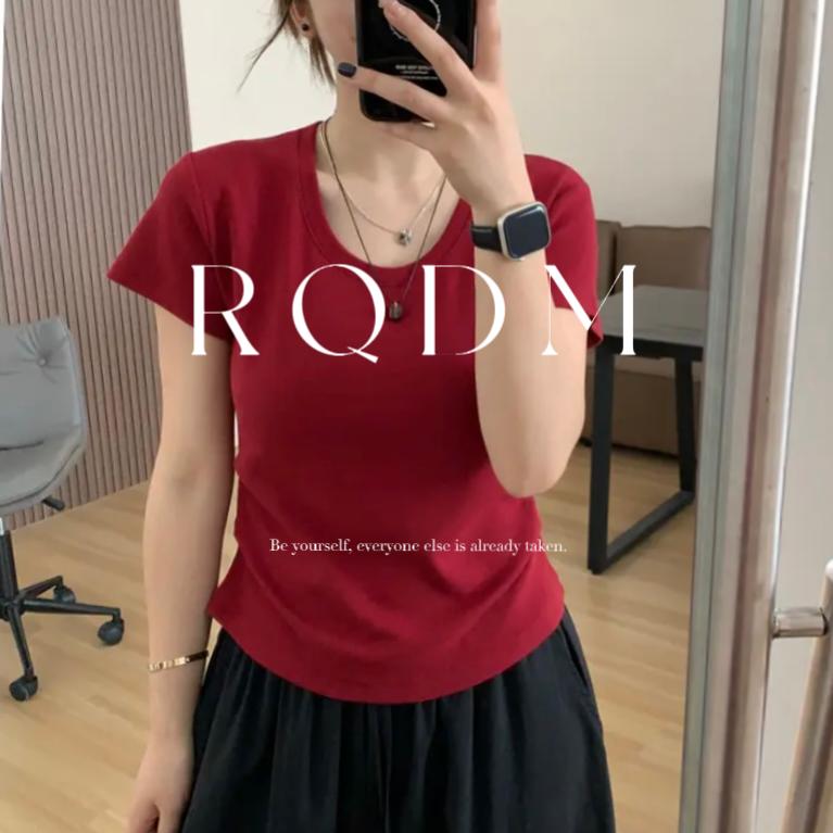 捏褶显瘦纯色正肩短袖T恤上衣女