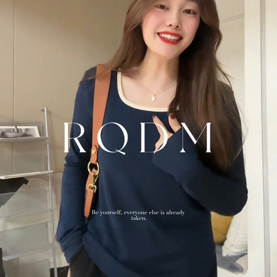 解构显瘦极简内搭方领正肩长袖T