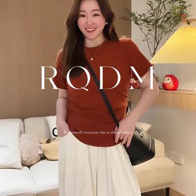 胖妹妹纯色正肩短袖体恤上衣女夏