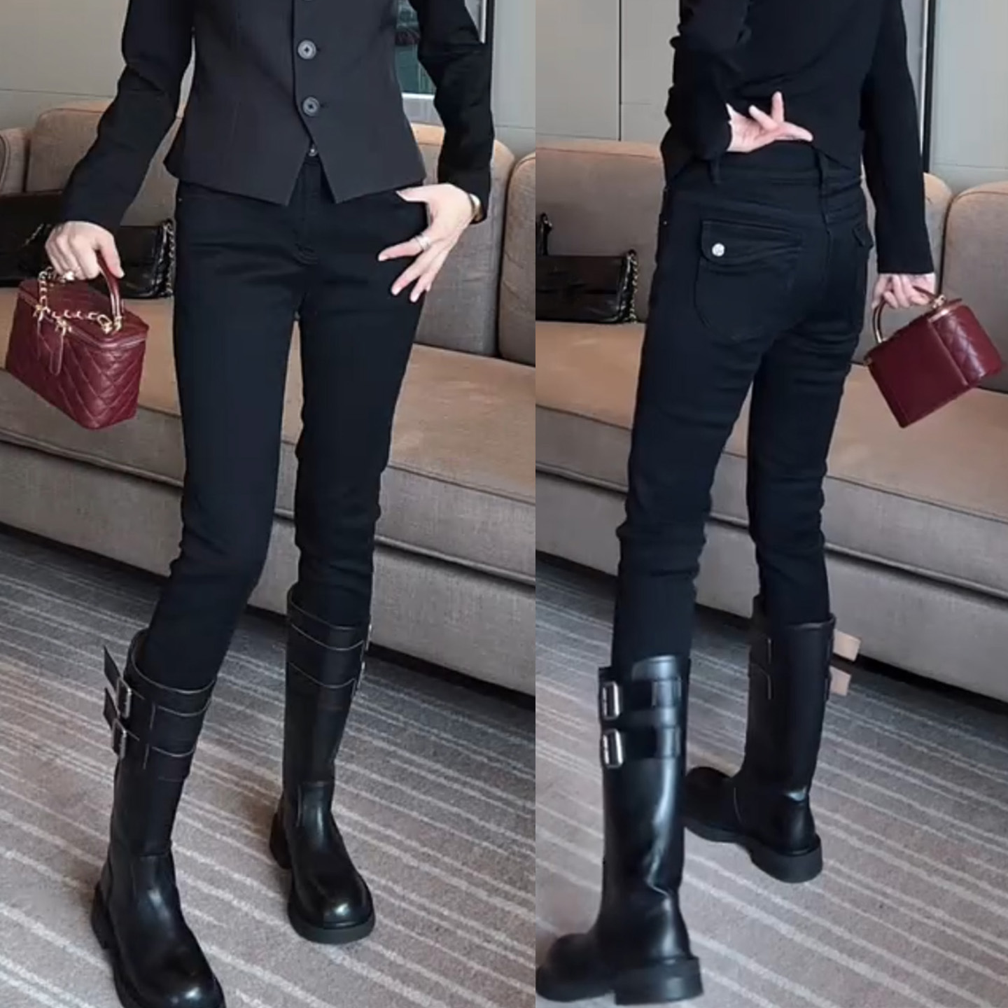 大码高腰弹力九分牛仔裤女秋季显瘦梨型身材百搭后兜设计感小脚裤