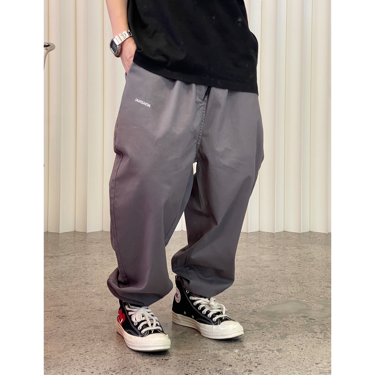 Medaigual松紧腰灰色束脚休闲裤