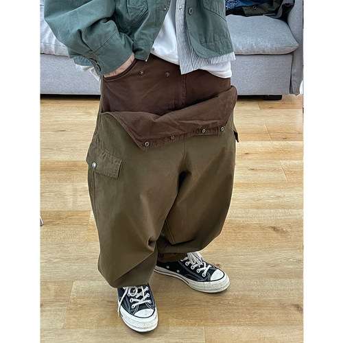胯裆哈伦锥形假两件拼色工装裤