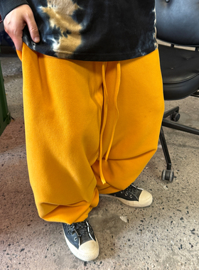 Medaigual 黄色加绒加厚宽松阔腿松紧腰卫裤男街头滑板胯裆哈伦裤