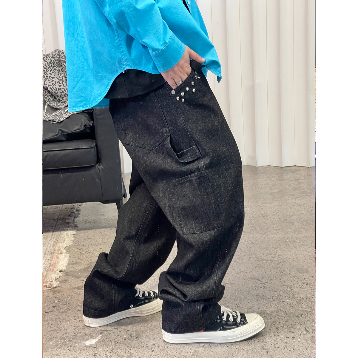 Medaigual铆钉设计宽松工装牛仔