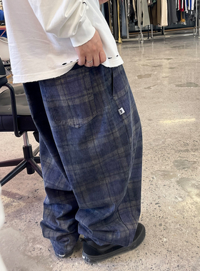 Medaigual 蓝色格子印花宽松廓形锥形老爹裤男街头滑板小脚牛仔裤