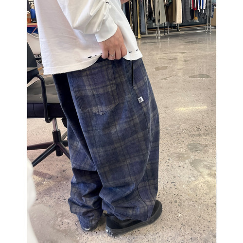 蓝色格子老爹裤牛仔裤小脚锥形