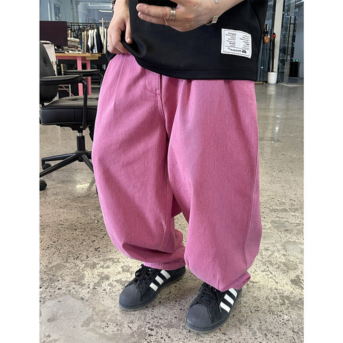 Medaigual玫粉重水洗棉布工装裤