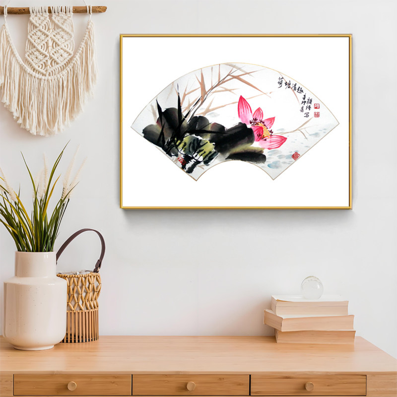 扇型图中式水墨画玄关挂画客厅壁画餐厅墙牡丹国画横幅有框装饰画