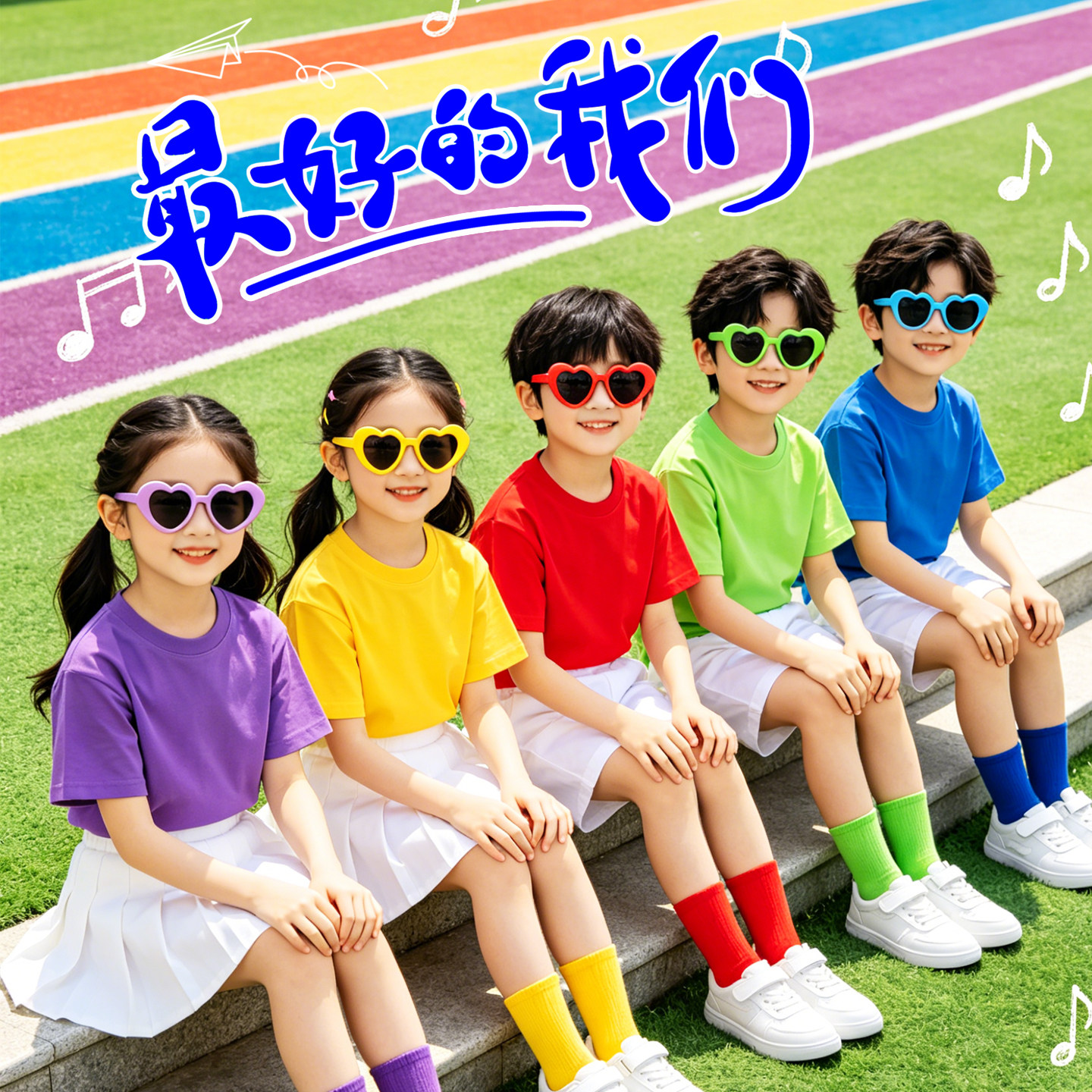 六一表演服彩色儿童t恤小学生运动会毕业班服短袖幼儿园亲子套装