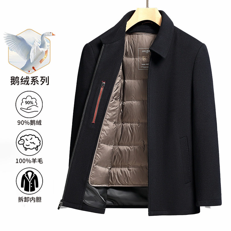 羊毛呢外套中年短款脱卸内胆 白鹅绒羽绒服【100%羊毛+鹅绒】