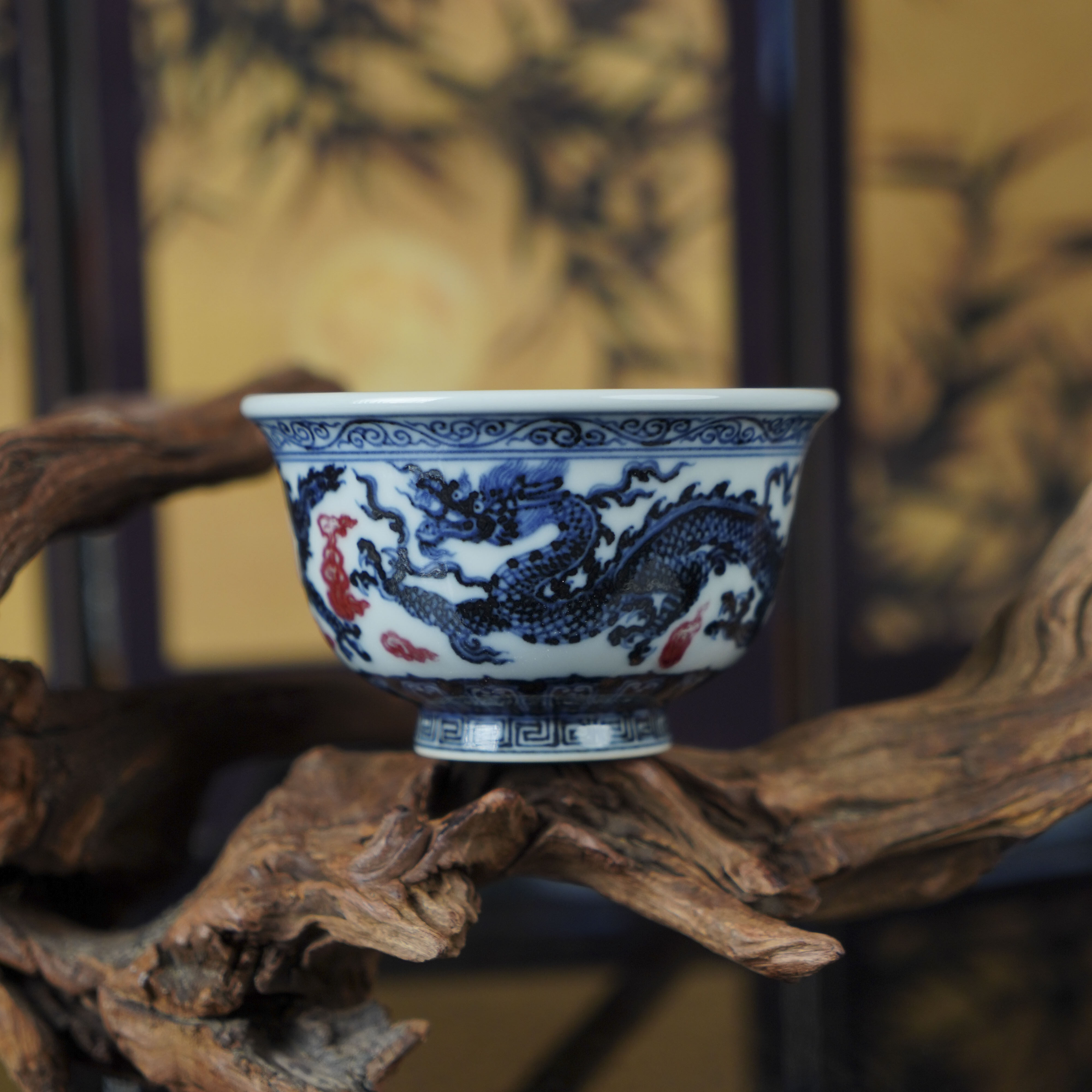 （精选）古官青玉青花釉里红缠枝莲双龙压手杯景德镇陶瓷高端茶具