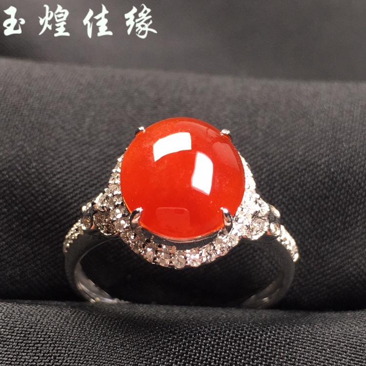 天然缅甸红蛋面翡翠玉石戒指女士