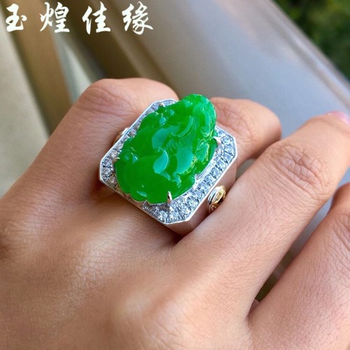 天然阳绿貔貅翡翠马鞍戒纳财送福