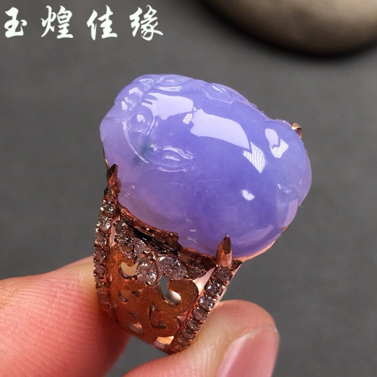 茄紫罗兰招财貔貅翡翠玫瑰金戒指