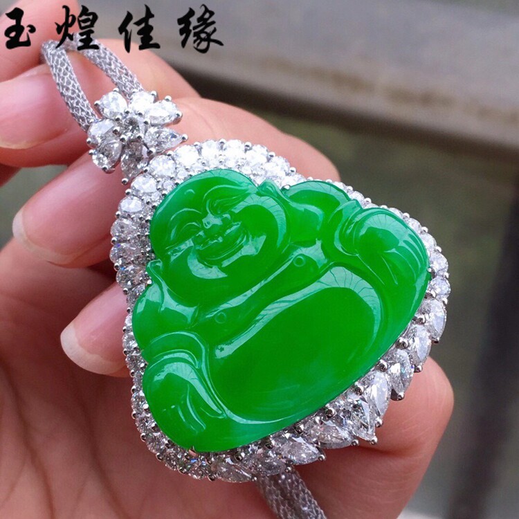 高冰满绿佛公翡翠吊坠 老坑满色阳绿弥勒佛玉石挂件18k真金钻镶嵌