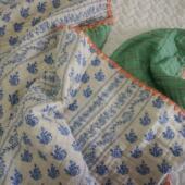 韩国进口全棉4层纱布面料盖毯纱布毯ins纱布拼色绿条纹蓝碎花毯