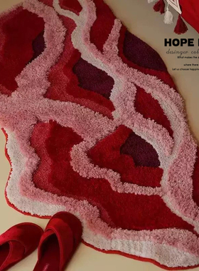 新年地垫家用红色喜庆卧室地毯床边毯植绒波浪隔凉簇绒地毯防滑