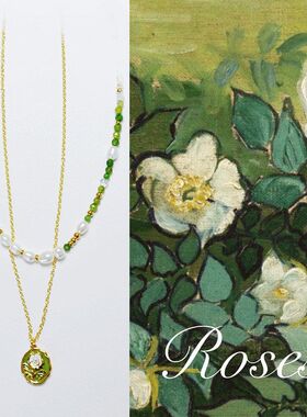法式小众设计师原创梵高白玫瑰花朵手工珐琅油画优雅气质项链耳环