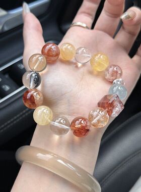 天然水晶多宝手串女款白水晶黄萤石海蓝宝红胶花手链夏季轻奢款