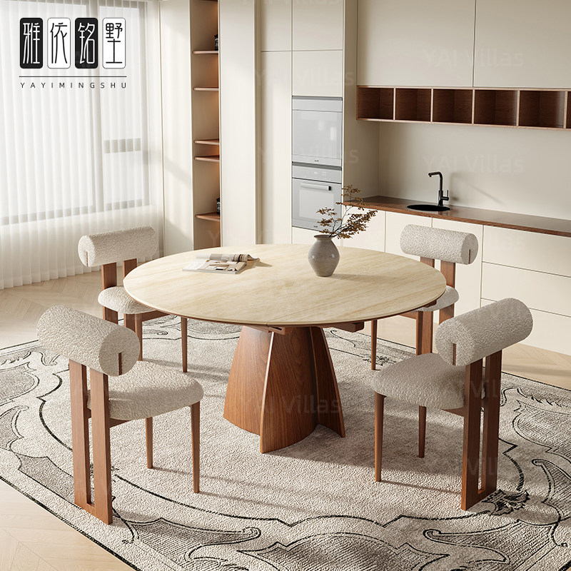 德利丰可伸缩洞石岩板餐桌意式极简家用小户型实木圆形餐桌高级感,住宅家具,岩板餐桌,淘宝优惠券,粉丝福利购,淘宝优惠卷