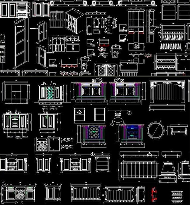 F欧式美式整体厨房橱柜岛台设计CAD配件模块图库罗马柱烟机罩门板