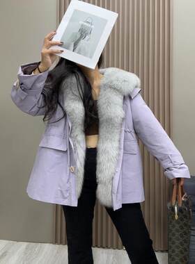 新款派克服女狐狸毛门襟海军领