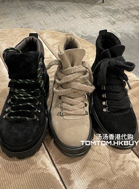 香港正品代购 Pedder red 25秋冬 毛绒拼接绒面革圆头平底短筒靴