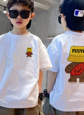 卡通小熊印花短袖T恤男中大童夏季纯棉宽松圆领透气白色潮牌上衣