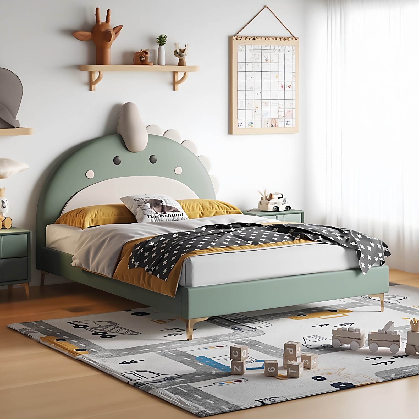 卡通创意恐龙儿童床单人床齐边齐尾床男童真皮现代简约实木小户型