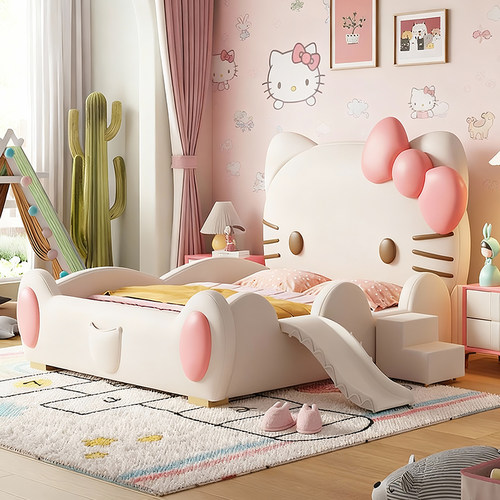 kitty猫造型卡通儿童床女孩白色公主床现代简约带围栏滑梯宝宝床