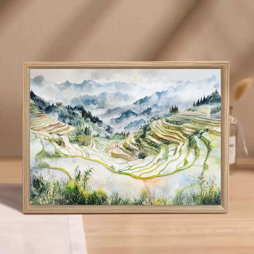 梯田风景水彩画山水挂画沙发背景墙客厅风景餐厅装饰画艺术壁画
