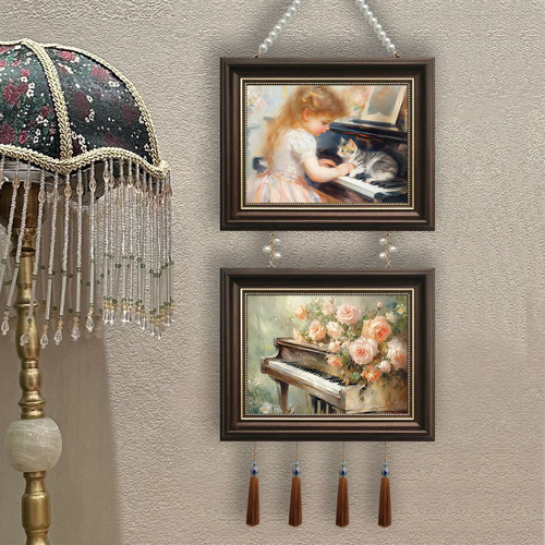 欧式挂画可爱猫咪钢琴女孩装饰画