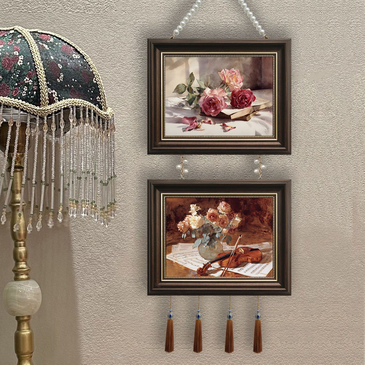 欧式水彩花卉挂画客厅沙发背景墙壁卧室床头画玫瑰花小提琴壁画