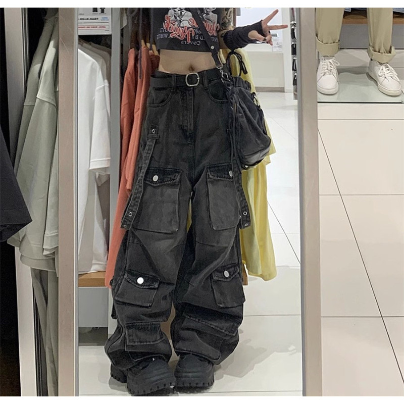 美式复古水洗工装牛仔裤男女春秋季宽松多口袋立体直筒长裤子潮流