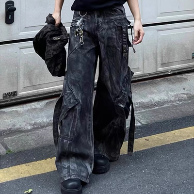 美式复古亚比朋克牛仔裤男潮牌痞帅炸街裤子cleanfit废土风工装裤