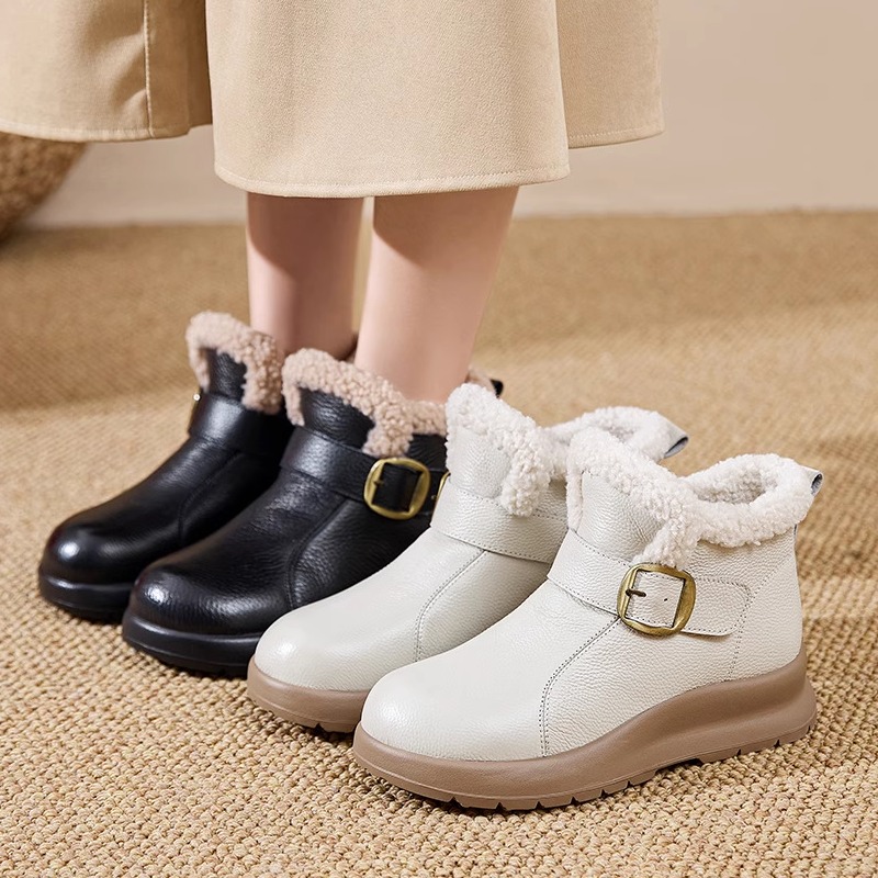 头层牛皮短靴2025冬季保暖加绒靴子厚底真皮舒适妈妈鞋加绒毛毛鞋