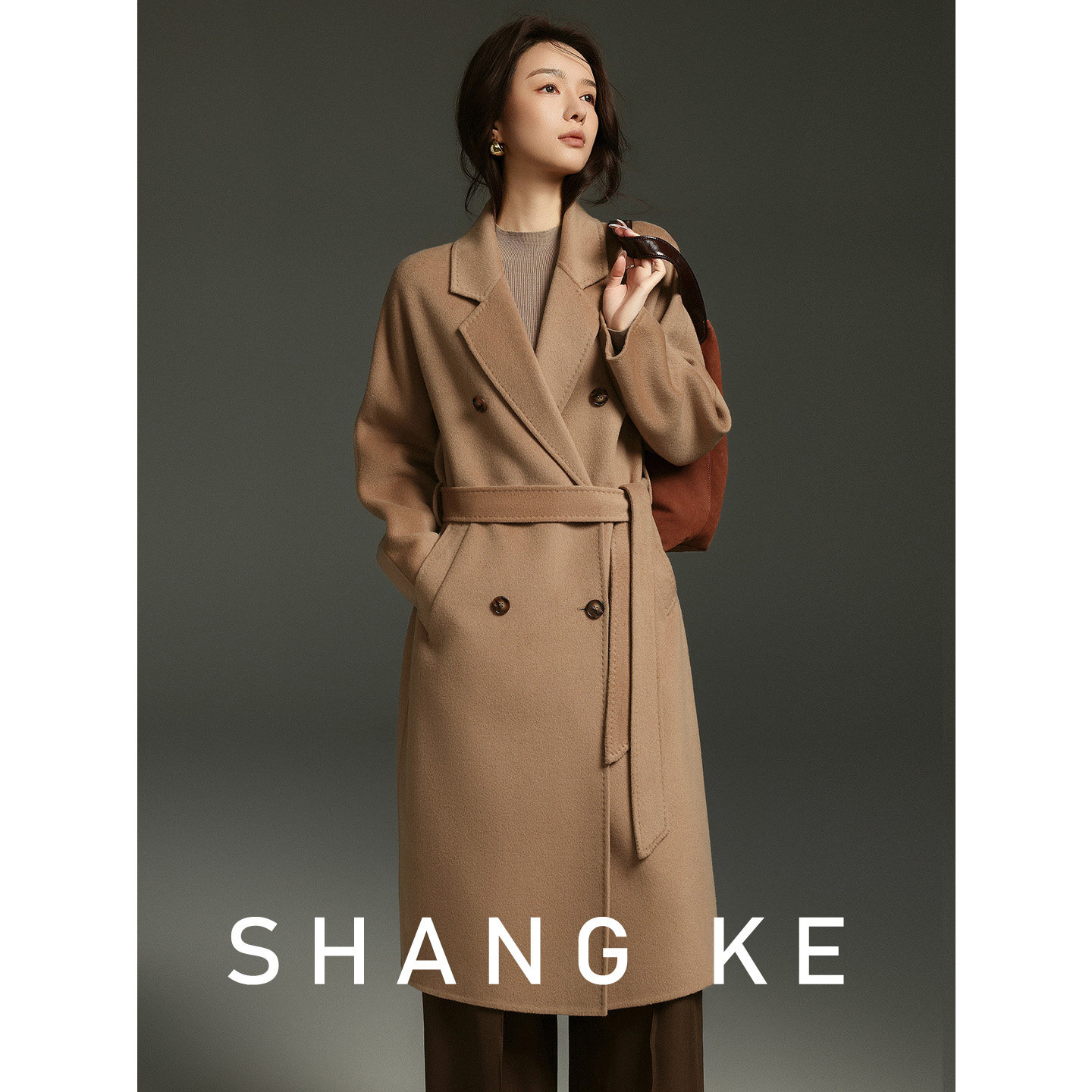 SHANG KE 典藏驼色山羊绒绵羊毛双面呢大衣女双排扣收腰长款外套