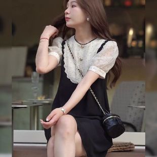 春夏甜美洋气气质小个子黑色西装 蕾丝拼接假两件连衣裙女泡泡袖 裙