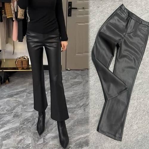 欧货通勤轻职风高腰加绒蛋白PU皮微喇裤女黑色修身显瘦百搭九分裤