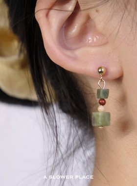 和果子｜复古不对称天然石串珠耳环 治愈绿色小众耳钉 925银针