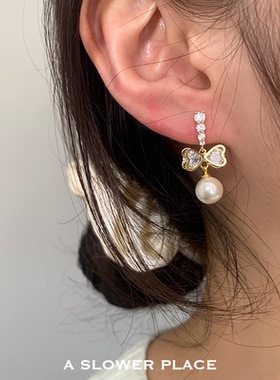 蝴蝶结珍珠耳环 高亮施家珍珠高级感 小众法式设计925银针