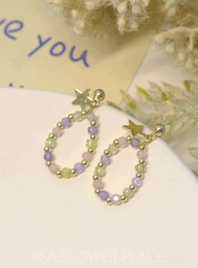 一闪一闪亮晶晶 超闪温柔色米珠日系少女耳环 925银针手工串珠