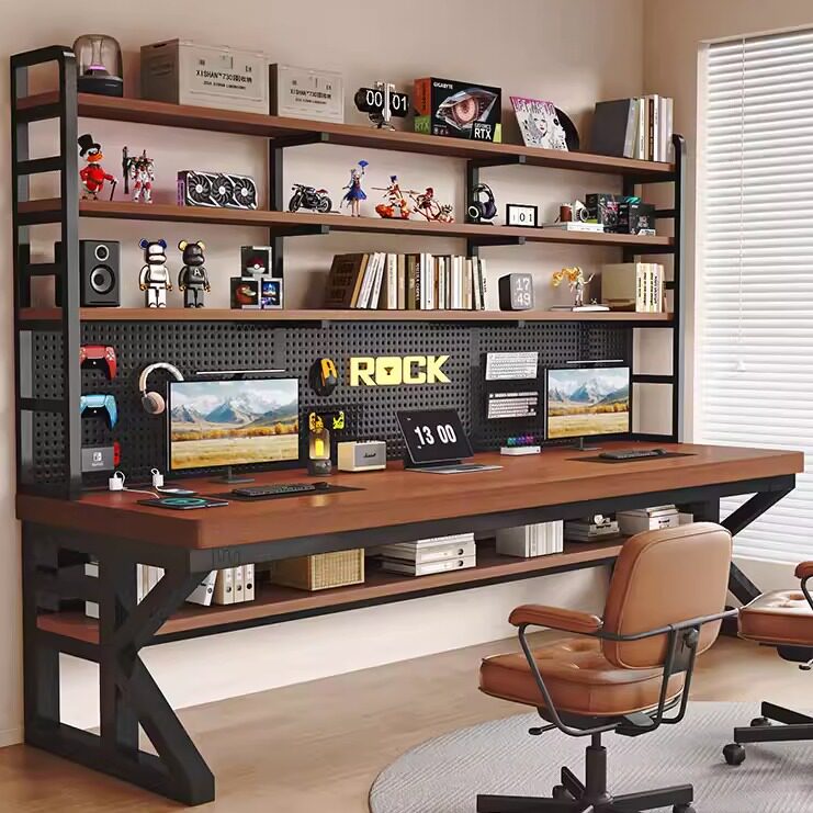 电脑桌双人台式电竞桌学习办公桌学生家用洞洞板书桌书架一体桌子