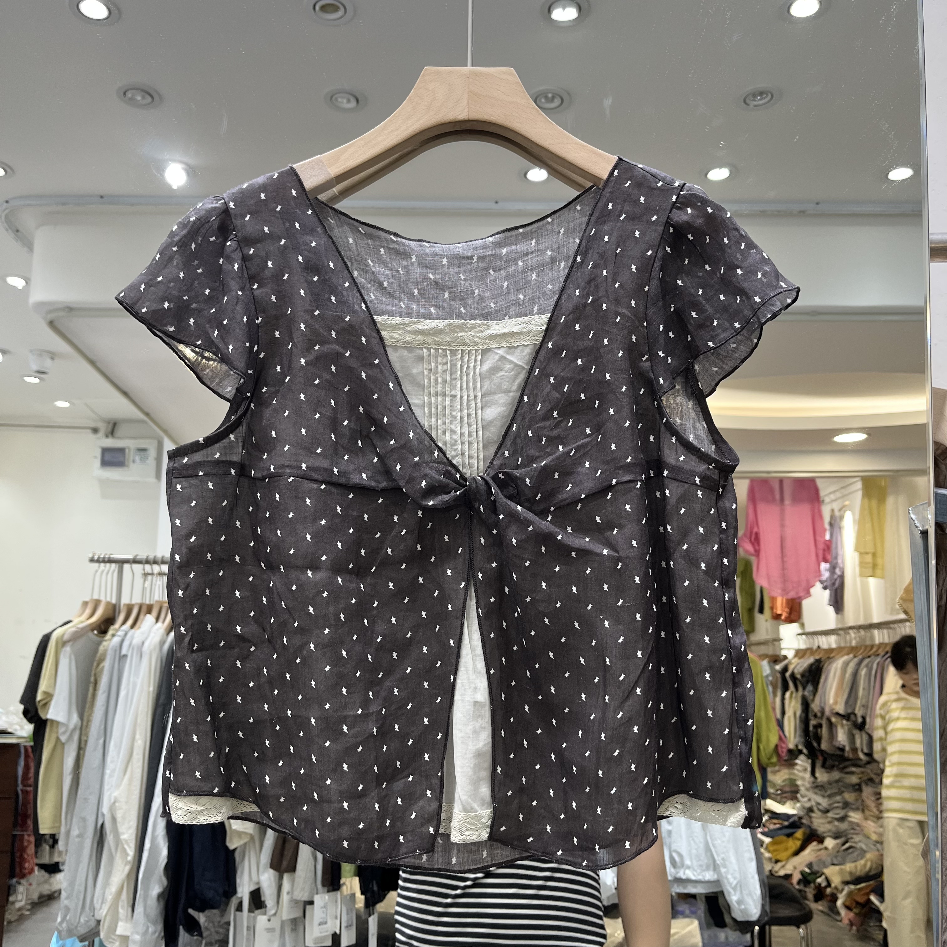 欧洲站2026夏季新款女士波点印花假两件苎麻短袖小衫欧货时尚上衣