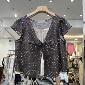 欧洲站2026夏季新款女士波点印花假两件苎麻短袖小衫欧货时尚上衣