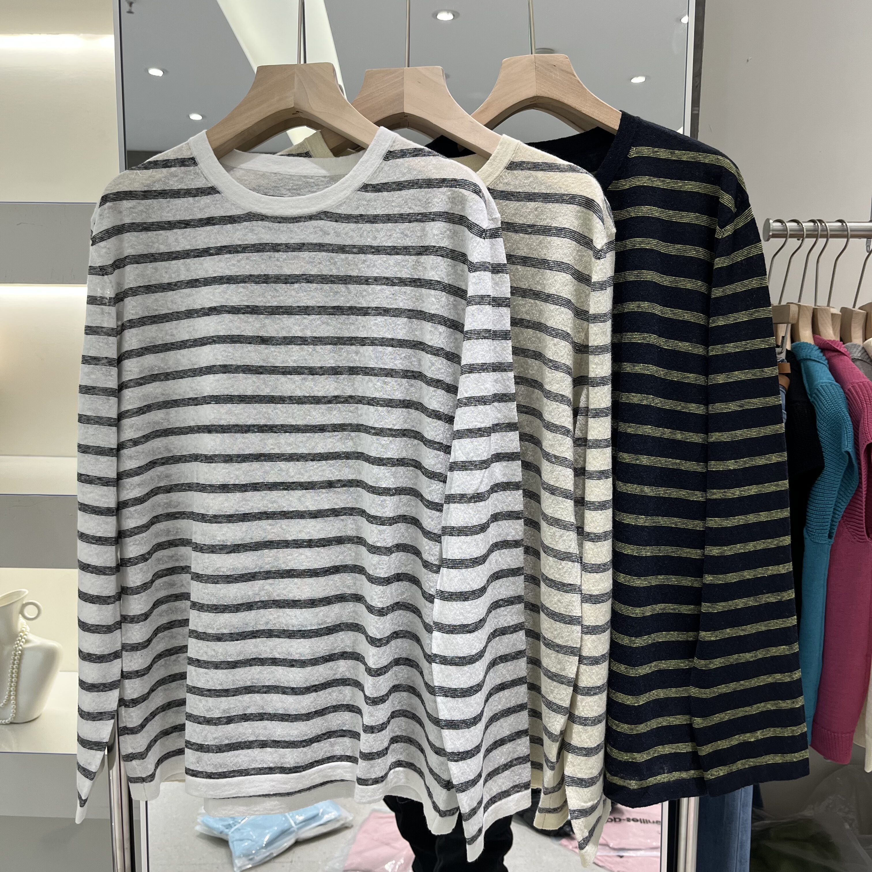 欧洲站2026春季新款女士圆领条纹拼色棉麻长袖防晒欧货时尚针织衫