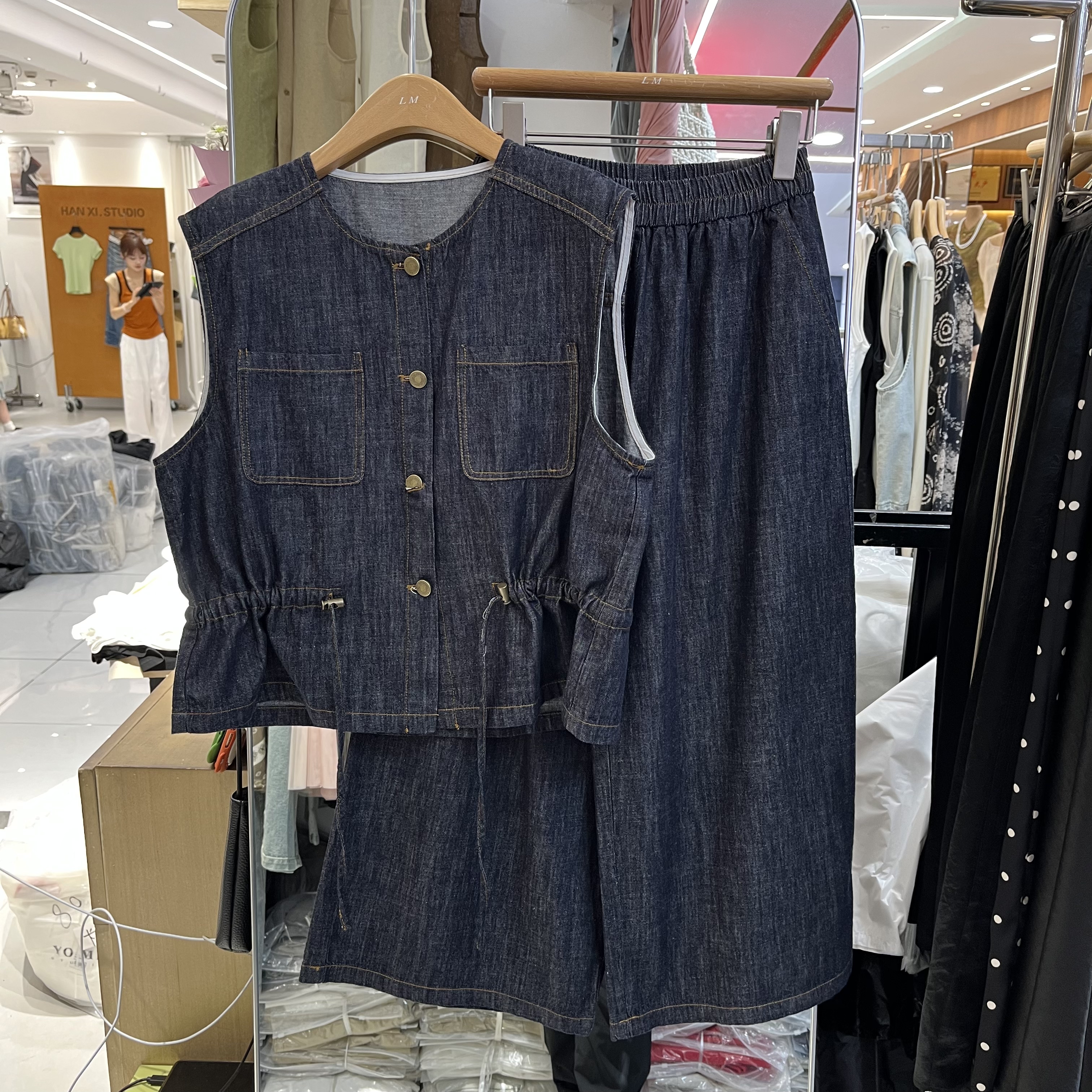 欧洲站2026夏季新款女士圆领抽绳牛仔无袖马甲七分裤两件套欧货潮
